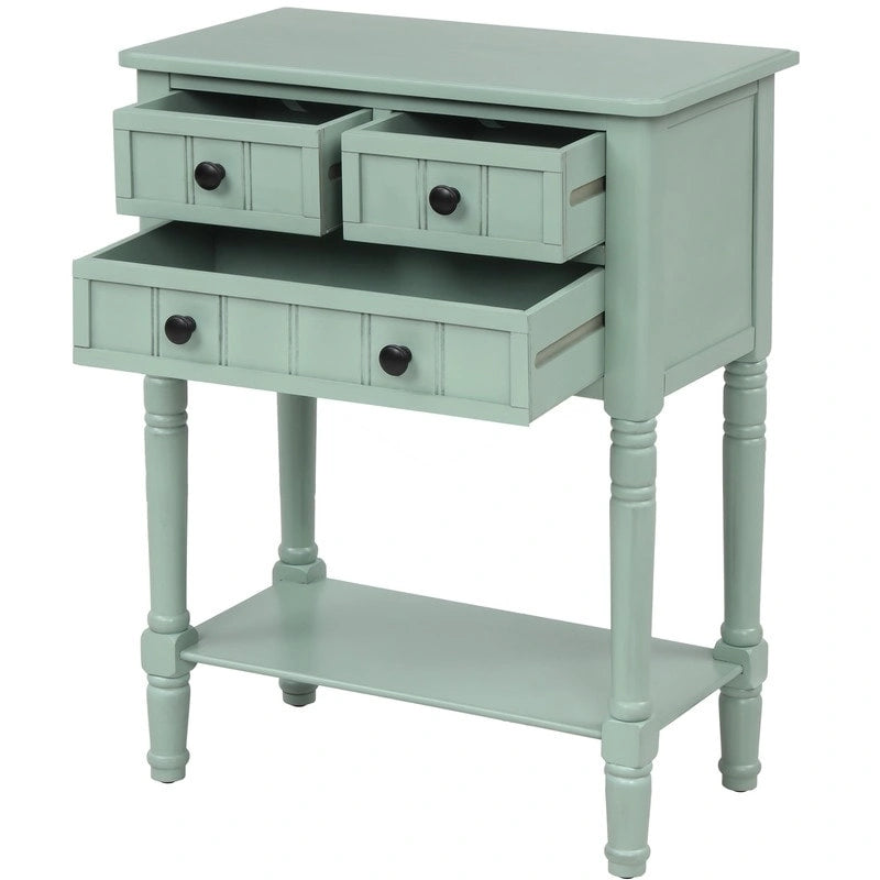 Console étroite avec trois tiroirs de rangement et une étagère inférieure