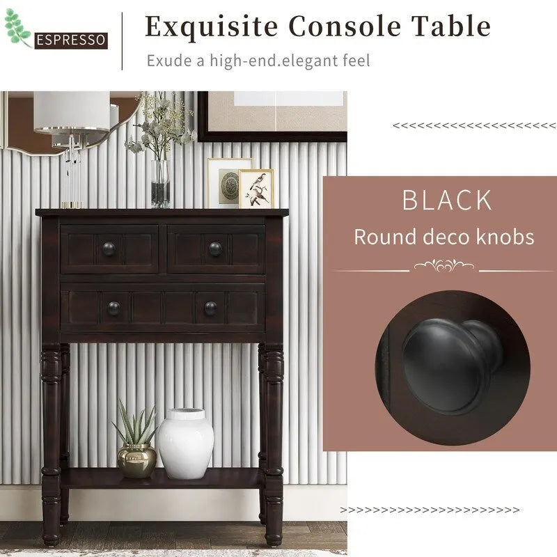 Console étroite avec trois tiroirs de rangement et une étagère inférieure