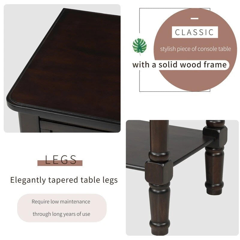 Console étroite avec trois tiroirs de rangement et une étagère inférieure