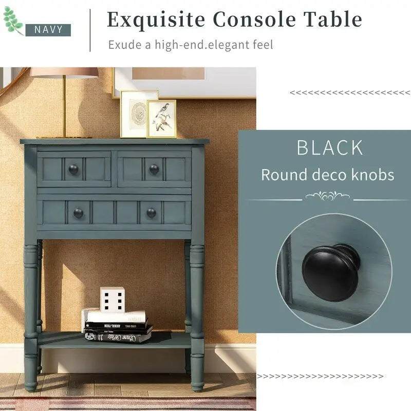 Console étroite avec trois tiroirs de rangement et une étagère inférieure