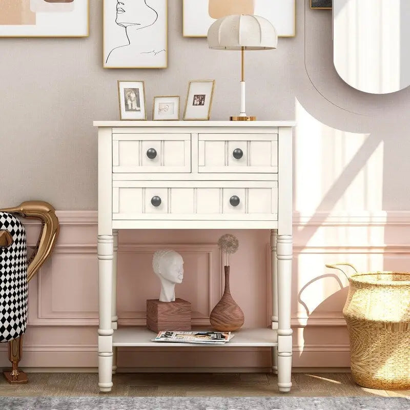 Console étroite avec trois tiroirs de rangement et une étagère inférieure