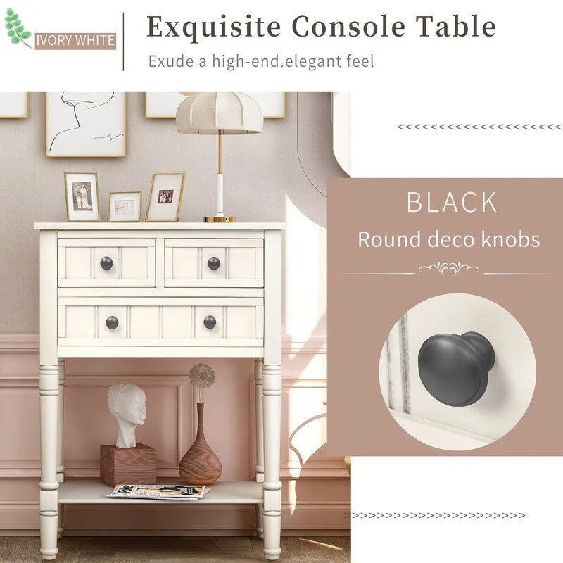 Console étroite avec trois tiroirs de rangement et une étagère inférieure