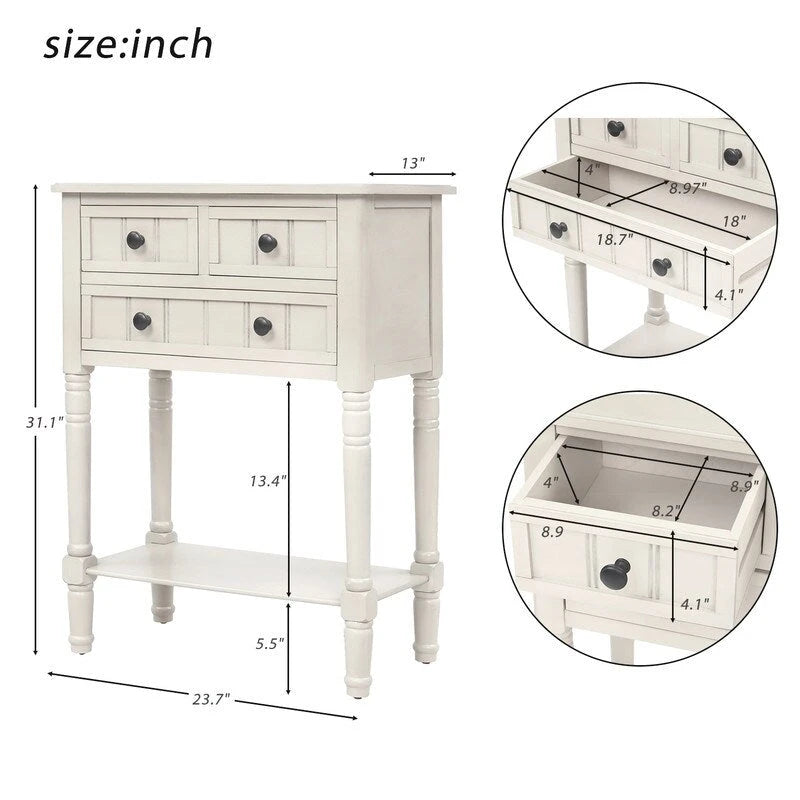 Console étroite avec trois tiroirs de rangement et une étagère inférieure