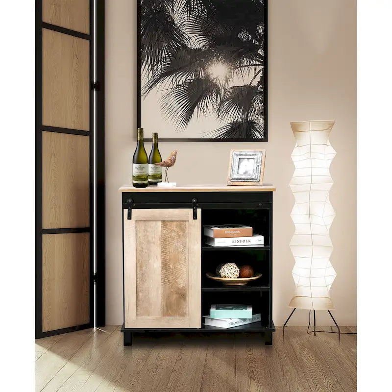 Cave à vin de rangement en bois composite noir et chêne – 82,5 H x 80 L x 40 P cm