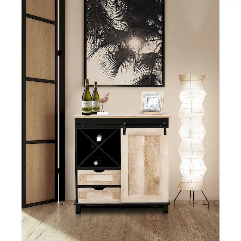 Cave à vin de rangement en bois composite noir et chêne – 82,5 H x 80 L x 40 P cm
