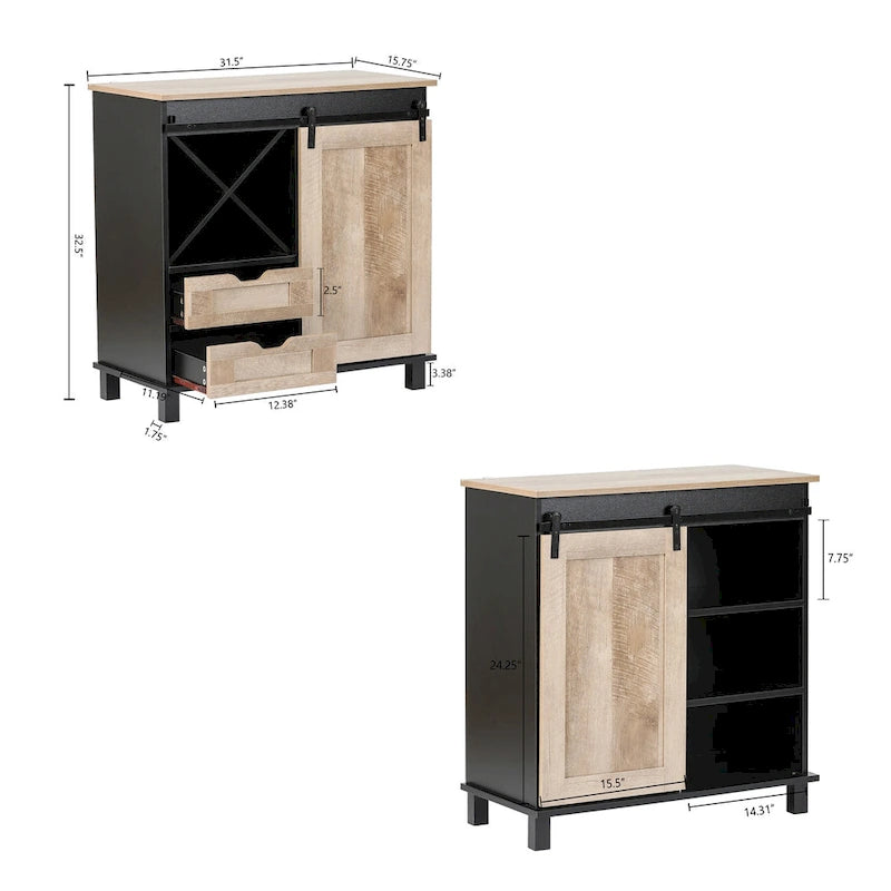 Cave à vin de rangement en bois composite noir et chêne – 82,5 H x 80 L x 40 P cm
