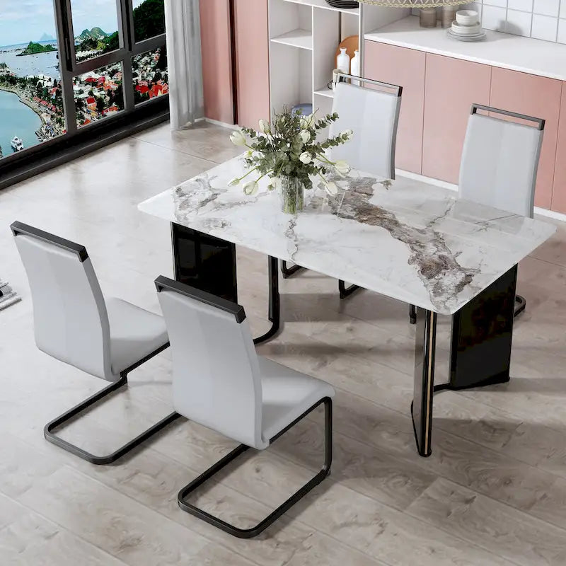 Table à manger rectangulaire en faux marbre blanc - Marbre blanc