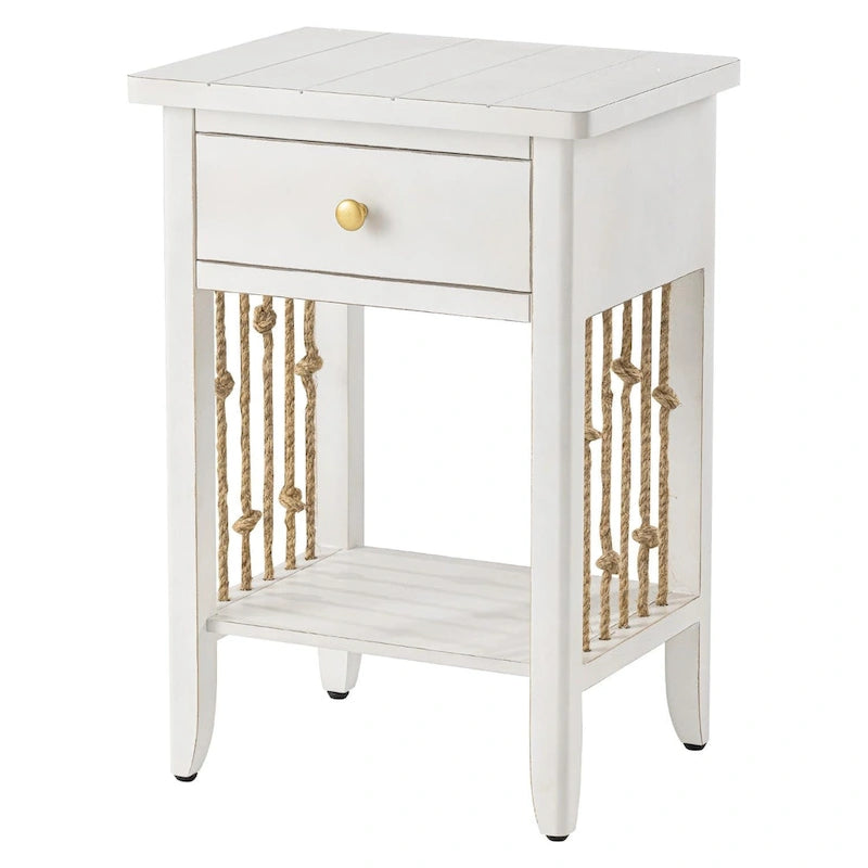 Table d'appoint blanche vieillie avec tiroir