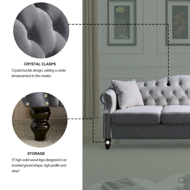 Canapé de salon en velours gris, canapé capitonné 3 places avec accoudoirs roulés et clous décoratifs