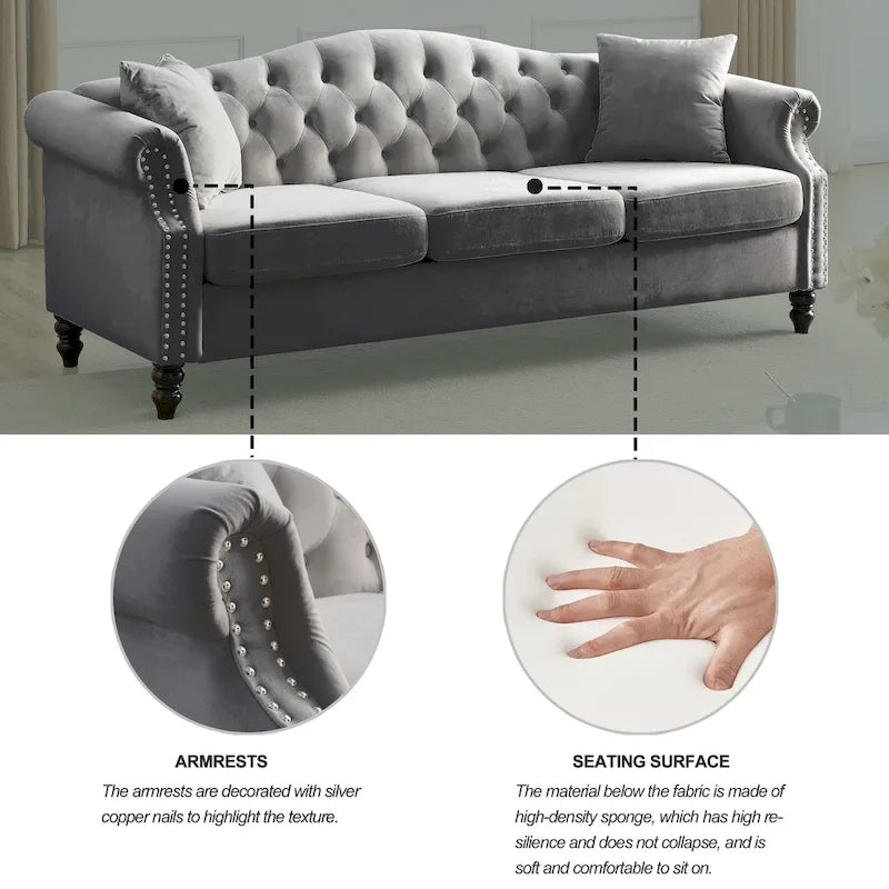 Canapé de salon en velours gris, canapé capitonné 3 places avec accoudoirs roulés et clous décoratifs
