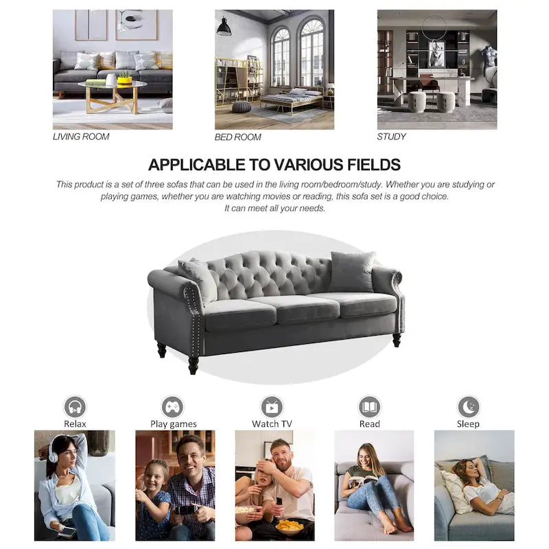 Canapé de salon en velours gris, canapé capitonné 3 places avec accoudoirs roulés et clous décoratifs