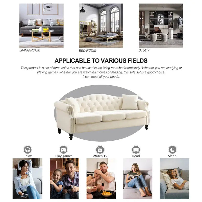 Canapé de salon en velours gris, canapé capitonné 3 places avec accoudoirs roulés et clous décoratifs