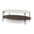 Table basse ovale avec plateau en marbre blanc et étagère en bois brun foncé