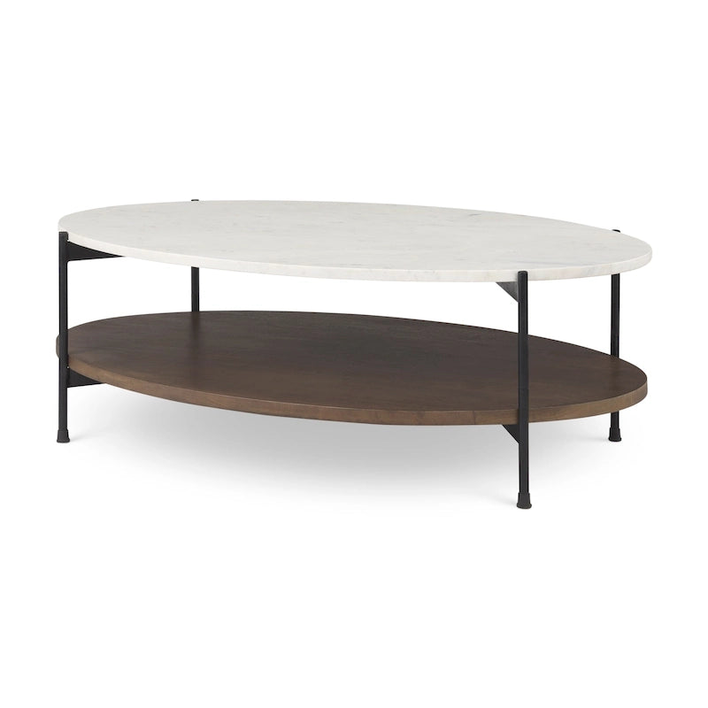 Table basse ovale avec plateau en marbre blanc et étagère en bois brun foncé