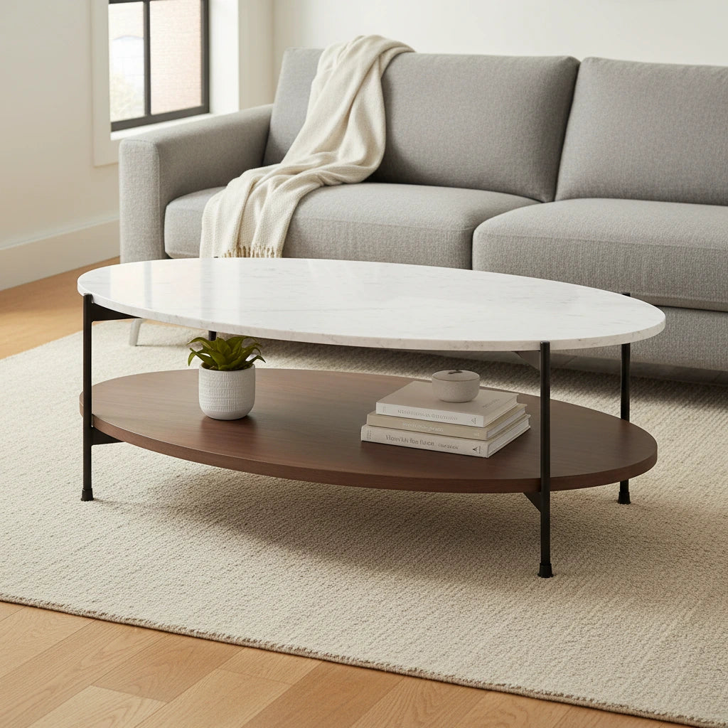 Larkin White Marble Top w/ Dark Brown Wood Shelf Oval Coffee Table