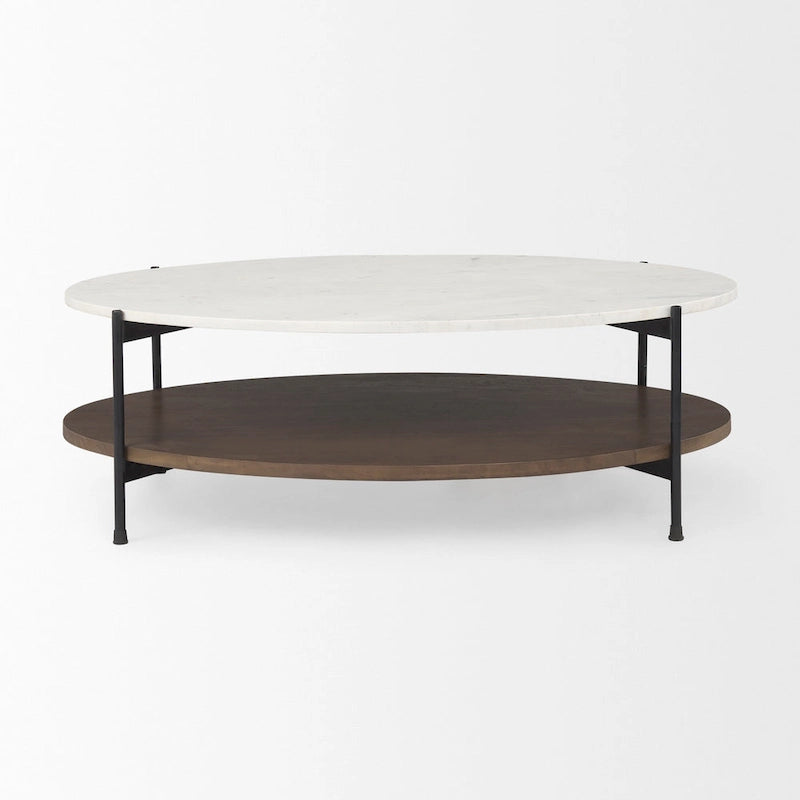 Table basse ovale avec plateau en marbre blanc et étagère en bois brun foncé