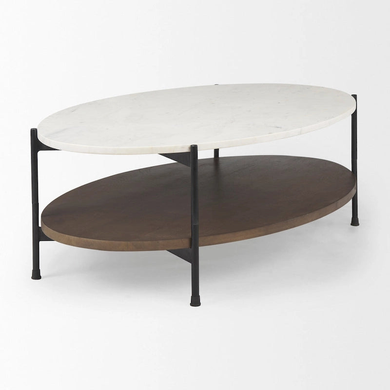 Table basse ovale avec plateau en marbre blanc et étagère en bois brun foncé