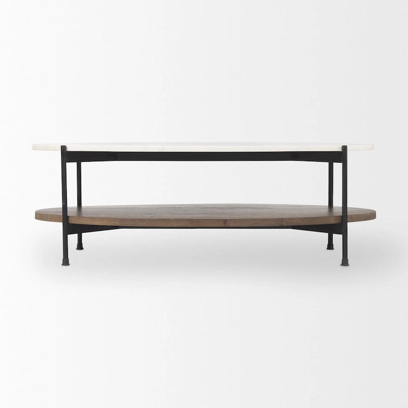 Table basse ovale avec plateau en marbre blanc et étagère en bois brun foncé