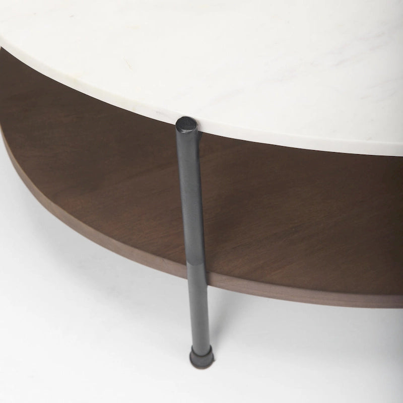 Table basse ovale avec plateau en marbre blanc et étagère en bois brun foncé