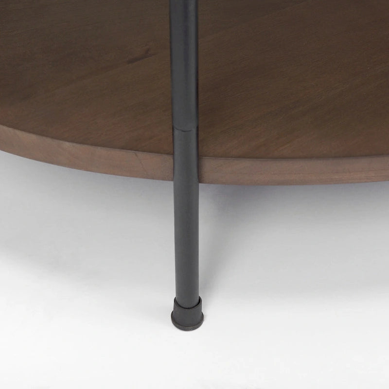 Table basse ovale avec plateau en marbre blanc et étagère en bois brun foncé