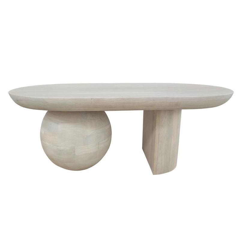 Table basse de 38 pouces, plateau oblong en bois de manguier avec pied boule moderne