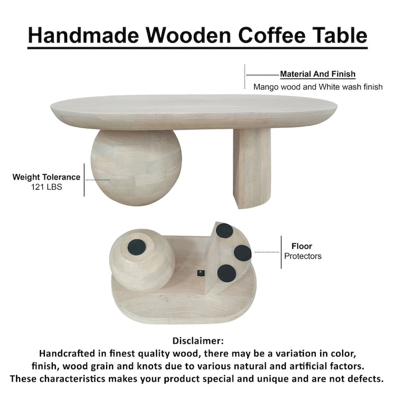 Table basse de 38 pouces, plateau oblong en bois de manguier avec pied boule moderne