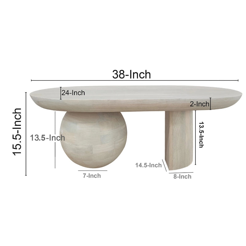 Table basse de 38 pouces, plateau oblong en bois de manguier avec pied boule moderne