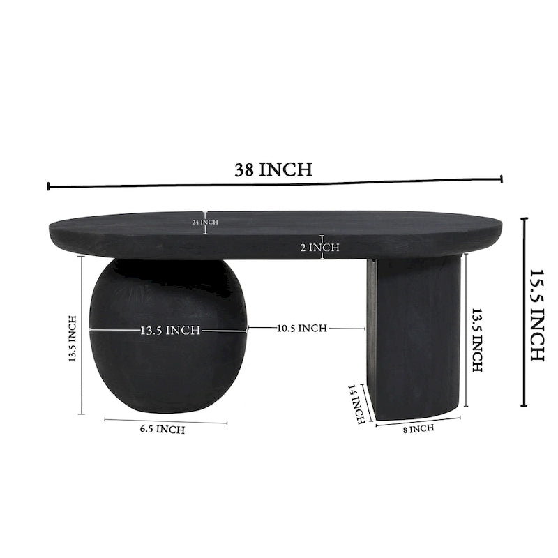Table basse de 38 pouces, plateau oblong en bois de manguier avec pied boule moderne
