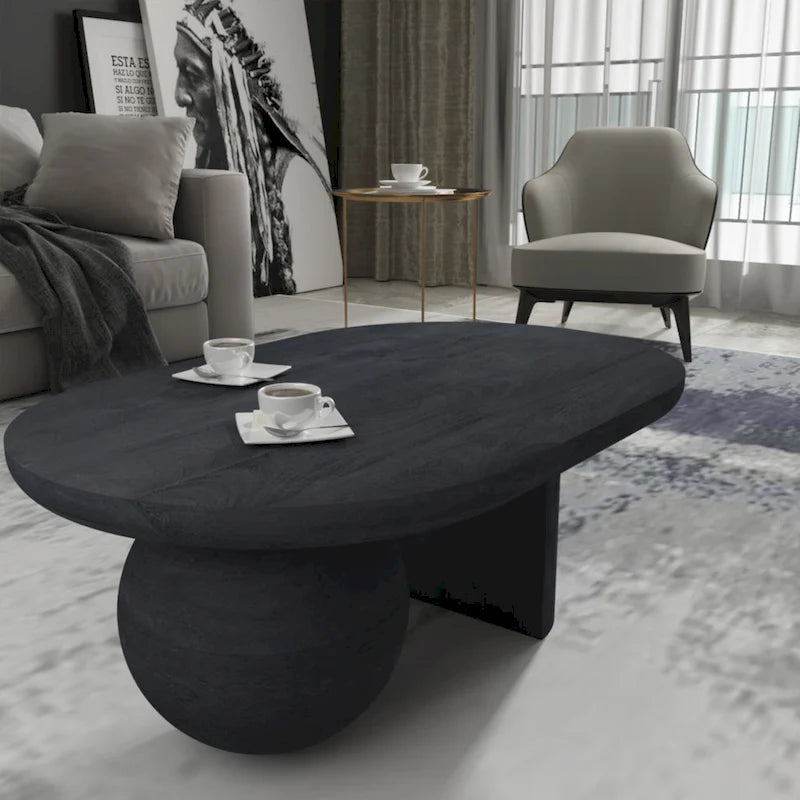 Table basse de 38 pouces, plateau oblong en bois de manguier avec pied boule moderne
