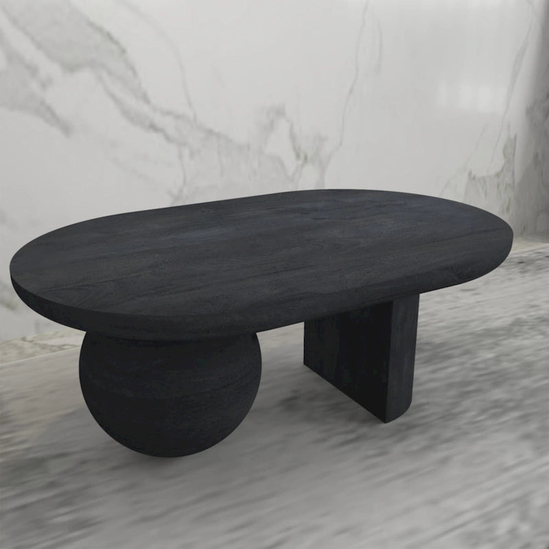 Table basse de 38 pouces, plateau oblong en bois de manguier avec pied boule moderne