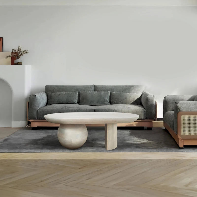 Table basse de 38 pouces, plateau oblong en bois de manguier avec pied boule moderne