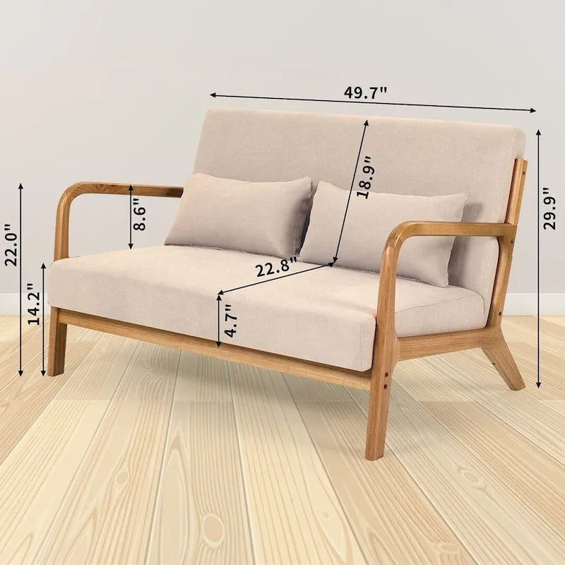 Canapé d'appoint rembourré du milieu du siècle en bois massif pour 2 personnes