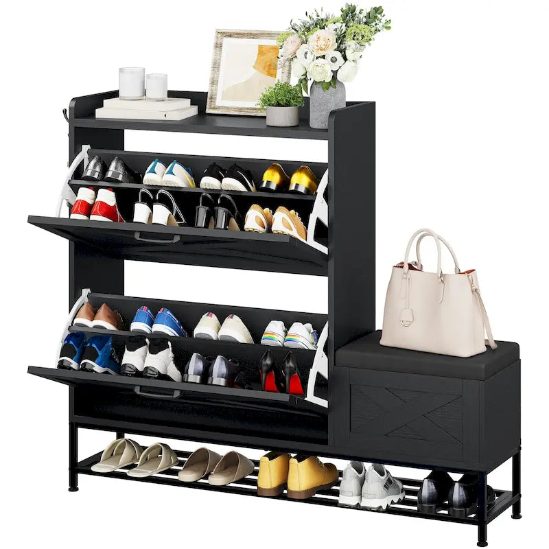 Meuble de rangement pour chaussures de ferme avec banc à chaussures, rangement de chaussures d'entrée avec 2 tiroirs basculants pour 16 paires - 23,9 l x 119,6 L x 104,9 H cm