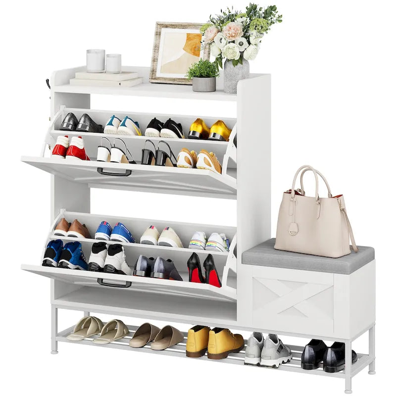 Meuble de rangement pour chaussures de ferme avec banc à chaussures, rangement de chaussures d'entrée avec 2 tiroirs basculants pour 16 paires - 23,9 l x 119,6 L x 104,9 H cm