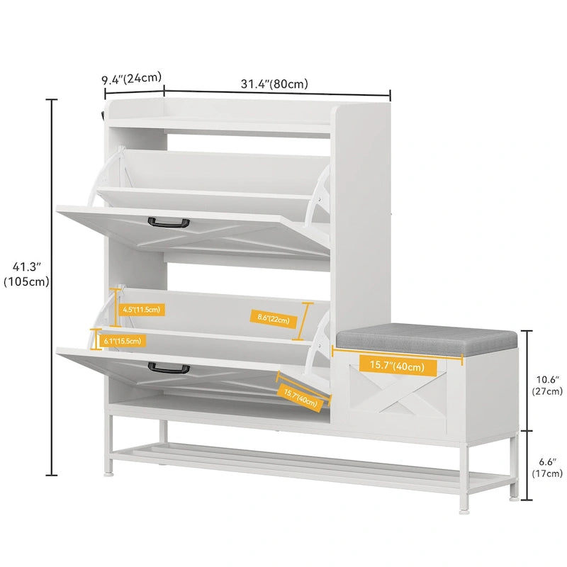 Meuble de rangement pour chaussures de ferme avec banc à chaussures, rangement de chaussures d'entrée avec 2 tiroirs basculants pour 16 paires - 23,9 l x 119,6 L x 104,9 H cm