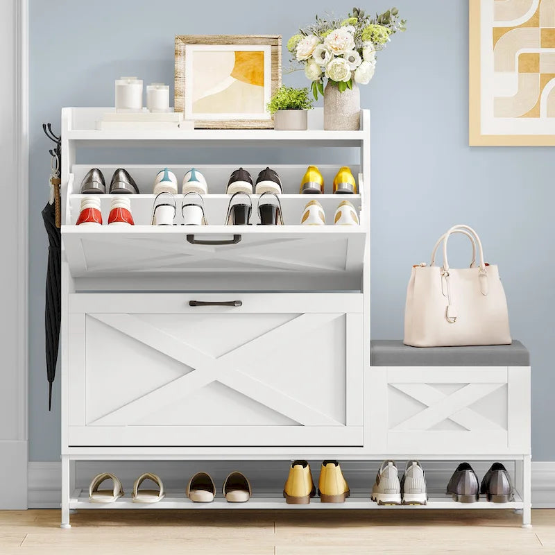 Meuble de rangement pour chaussures de ferme avec banc à chaussures, rangement de chaussures d'entrée avec 2 tiroirs basculants pour 16 paires - 23,9 l x 119,6 L x 104,9 H cm
