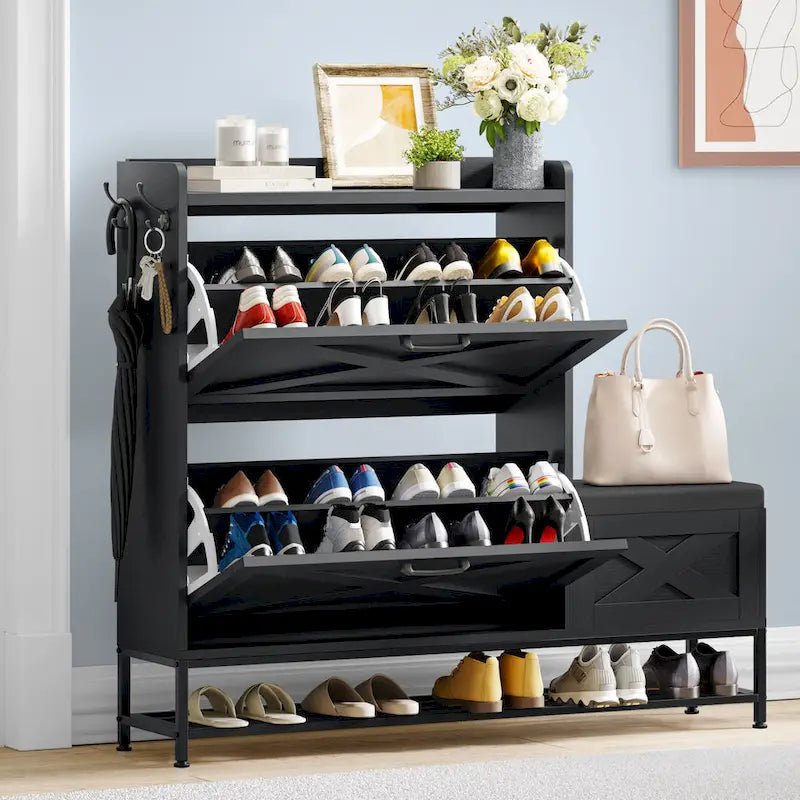 Meuble de rangement pour chaussures de ferme avec banc à chaussures, rangement de chaussures d'entrée avec 2 tiroirs basculants pour 16 paires - 23,9 l x 119,6 L x 104,9 H cm
