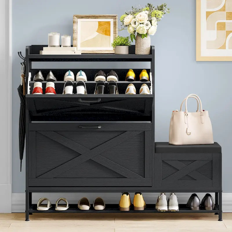 Meuble de rangement pour chaussures de ferme avec banc à chaussures, rangement de chaussures d'entrée avec 2 tiroirs basculants pour 16 paires - 23,9 l x 119,6 L x 104,9 H cm