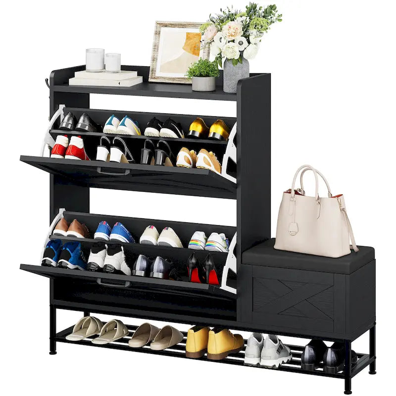 Meuble de rangement pour chaussures de ferme avec banc à chaussures, rangement de chaussures d'entrée avec 2 tiroirs basculants pour 16 paires - 23,9 l x 119,6 L x 104,9 H cm