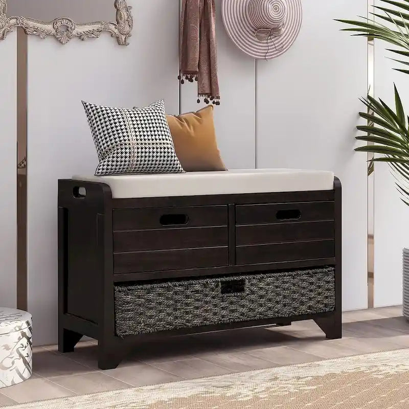Banc de rangement en bois massif à 3 tiroirs