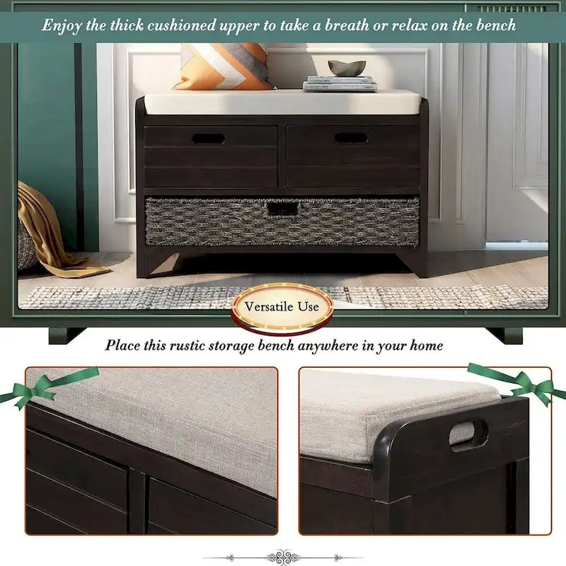 Banc de rangement en bois massif à 3 tiroirs