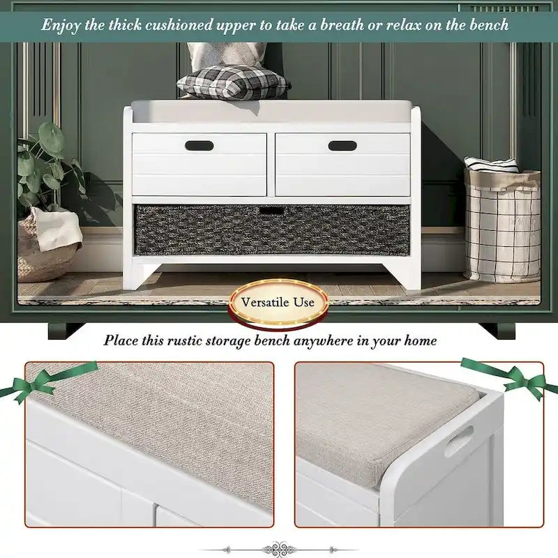 Banc de rangement en bois massif à 3 tiroirs
