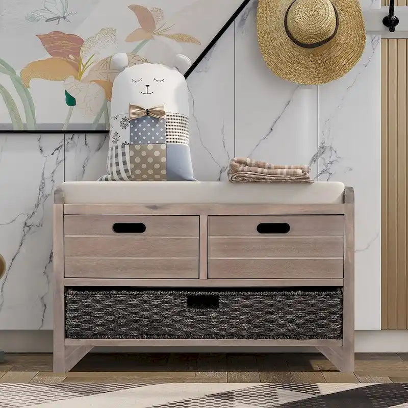 Banc de rangement en bois massif à 3 tiroirs