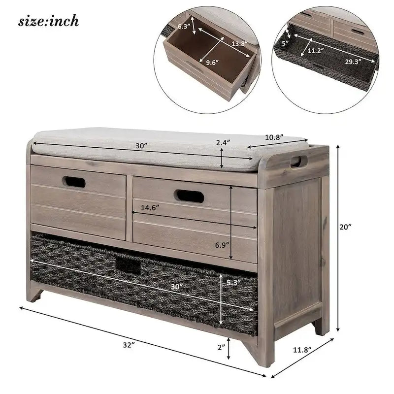 Banc de rangement en bois massif à 3 tiroirs