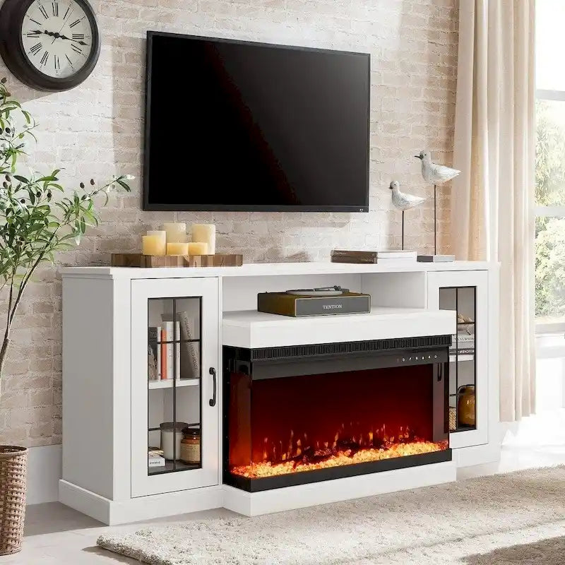 Meuble TV avec étagères en verre réglables et cheminée électrique intégrée - 70