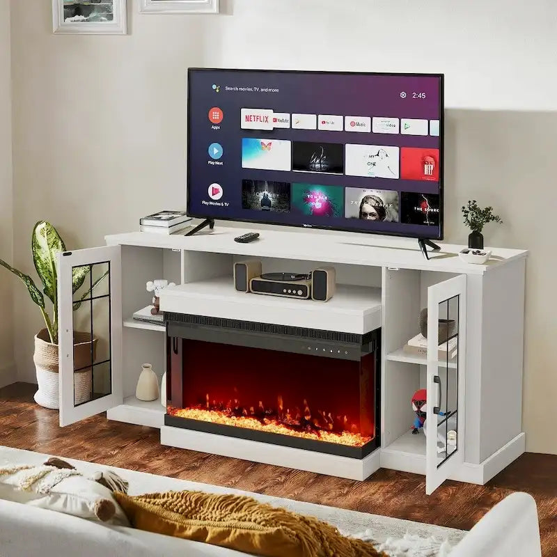 Meuble TV avec étagères en verre réglables et cheminée électrique intégrée - 70