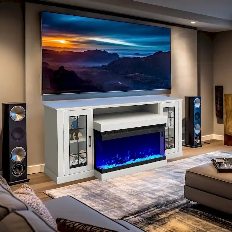 Meuble TV avec étagères en verre réglables et cheminée électrique intégrée - 70