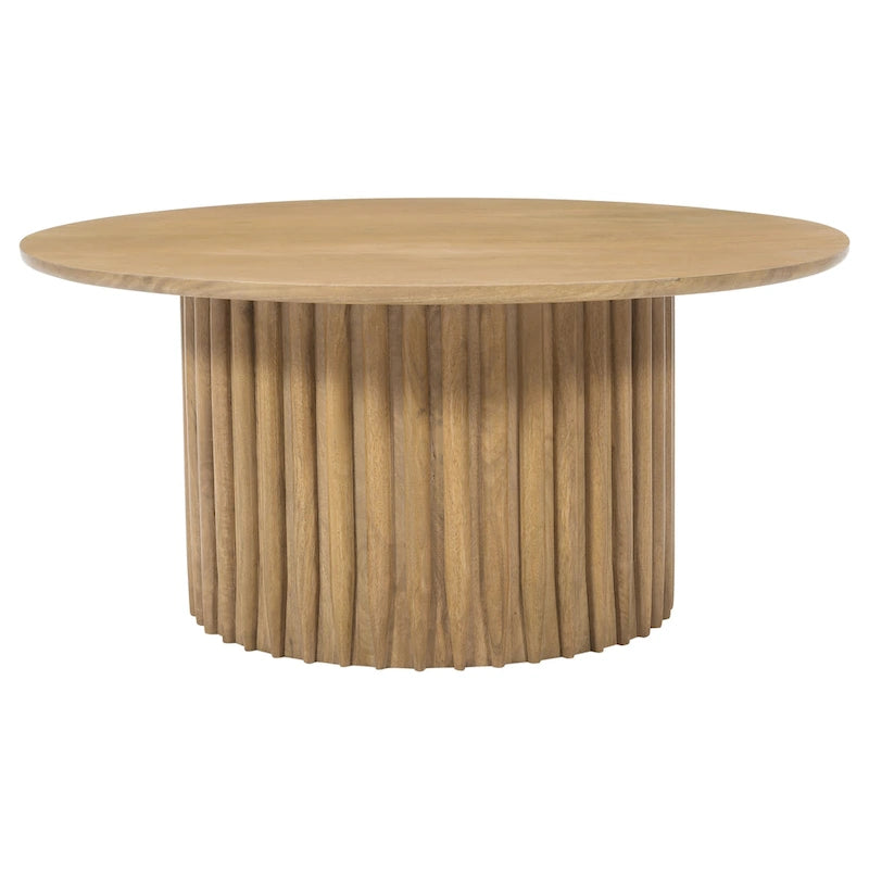 Table basse ronde en bois de manguier de 34 pouces avec base cannelée