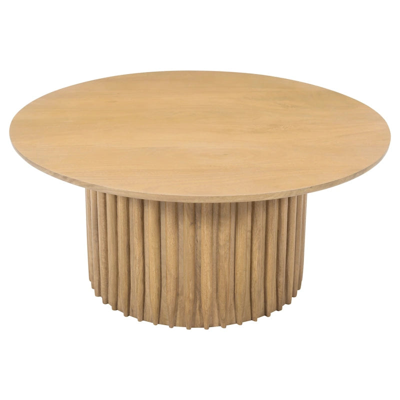 Table basse ronde en bois de manguier de 34 pouces avec base cannelée