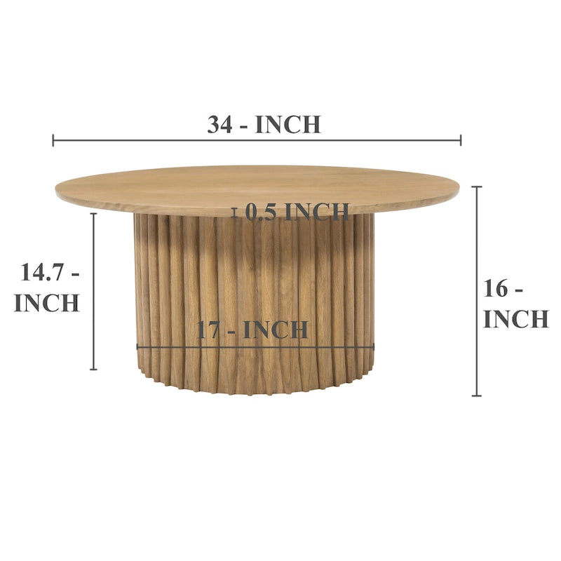 Table basse ronde en bois de manguier de 34 pouces avec base cannelée
